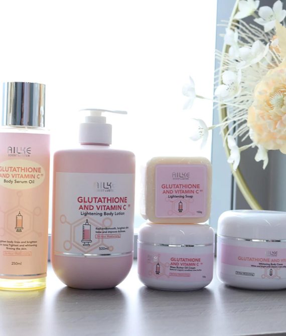 AILKE Glutathione & Vitamin C Kit: Whitening Lotion, Moisturizing Cream, Lightening Soap, Spa Oil & Glowing Body Cream